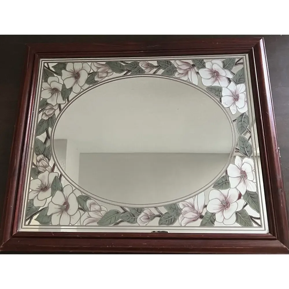 Vtg Romantic Etched Floral Flower Magnolia Oval Mirror Wood Frame Granny Retro